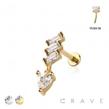 BAGUETTE CASCADE TEARDROP DANGLE TOP THREADLESS (PUSH IN) 316L SURGICAL STEEL LABRET SET